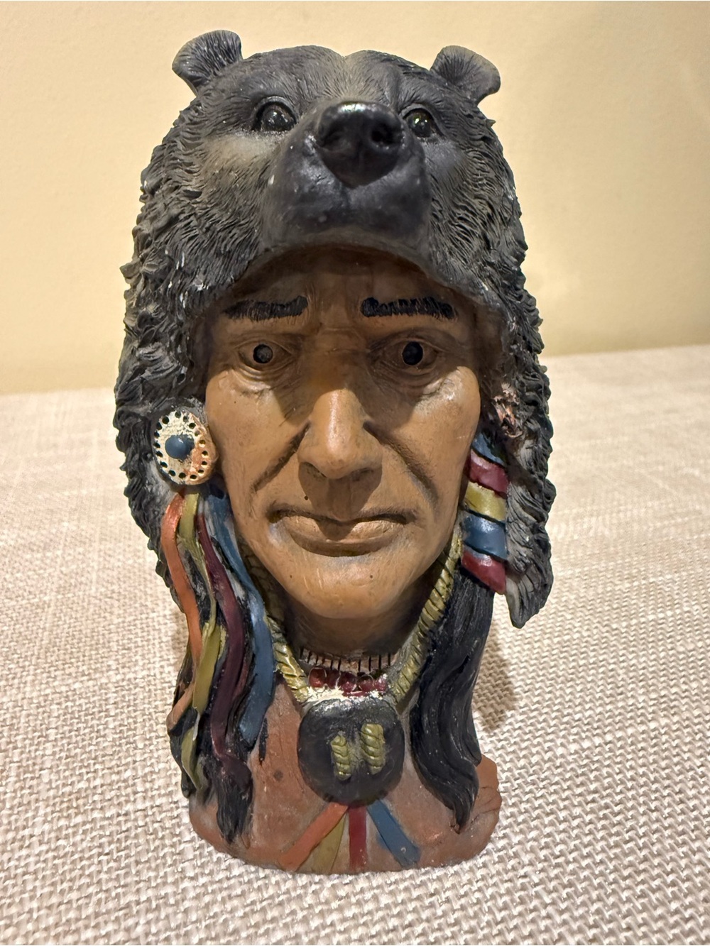 Vintage Native American Chief Bust Figurine Bear Headdress Medicine Man Resin 5"